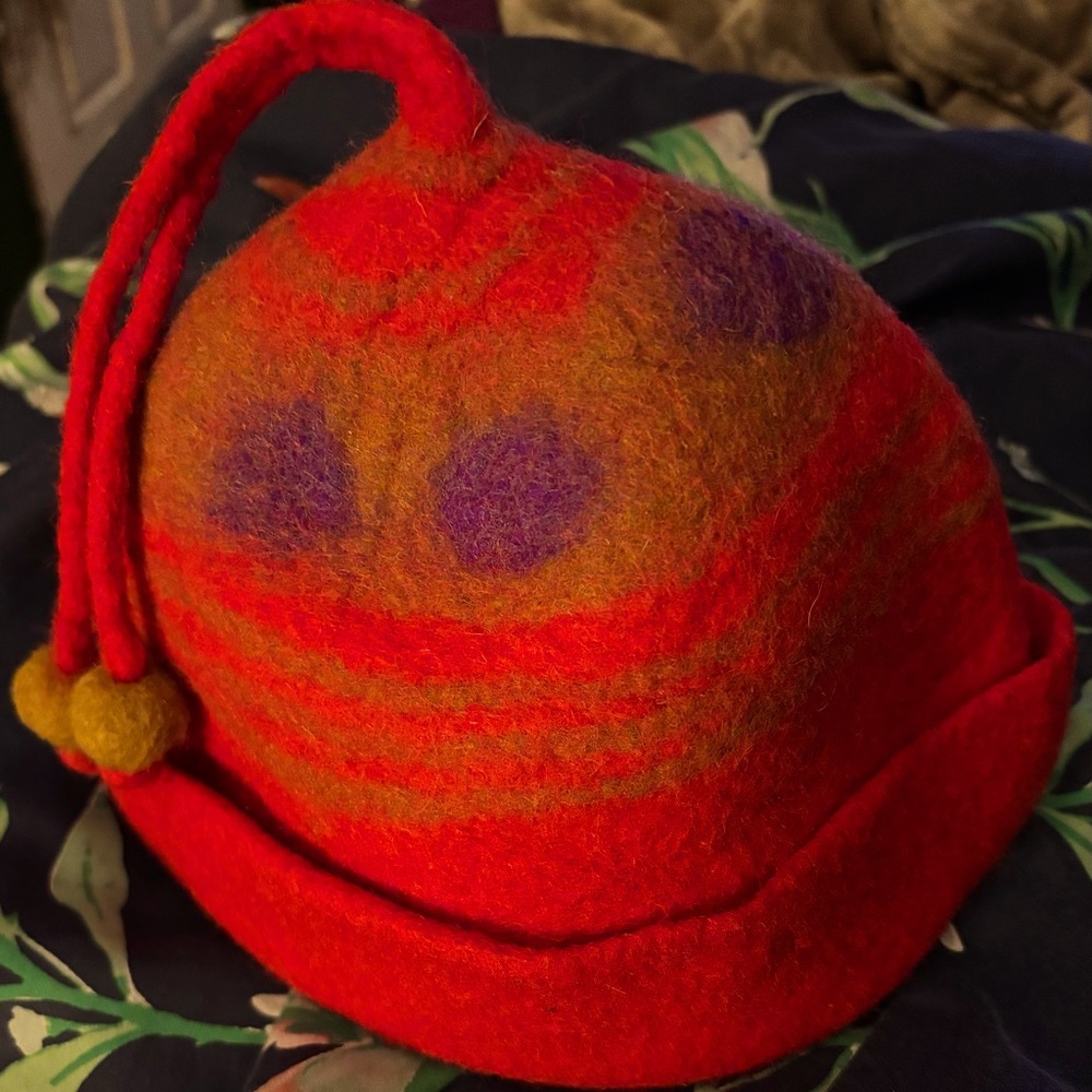 Burnt Orange Felted Hat with Rust Color & Purple accents & Hanging Felted Balls